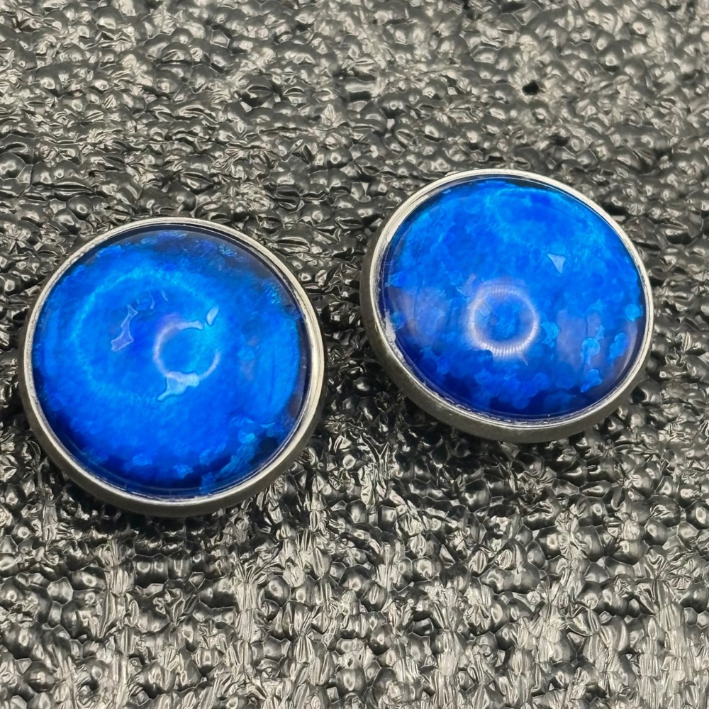 Vintage Gold Tone Blue Galaxy Dome Post Earrings 1980s Bold Iridescent‎